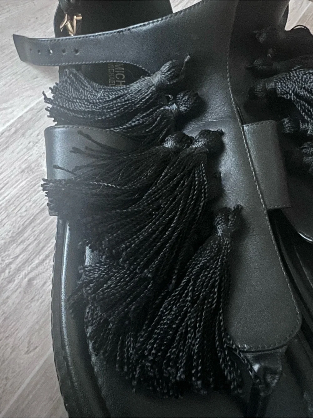 MICHAEL Michael Kors Black Leather Tassel Thong Sandals